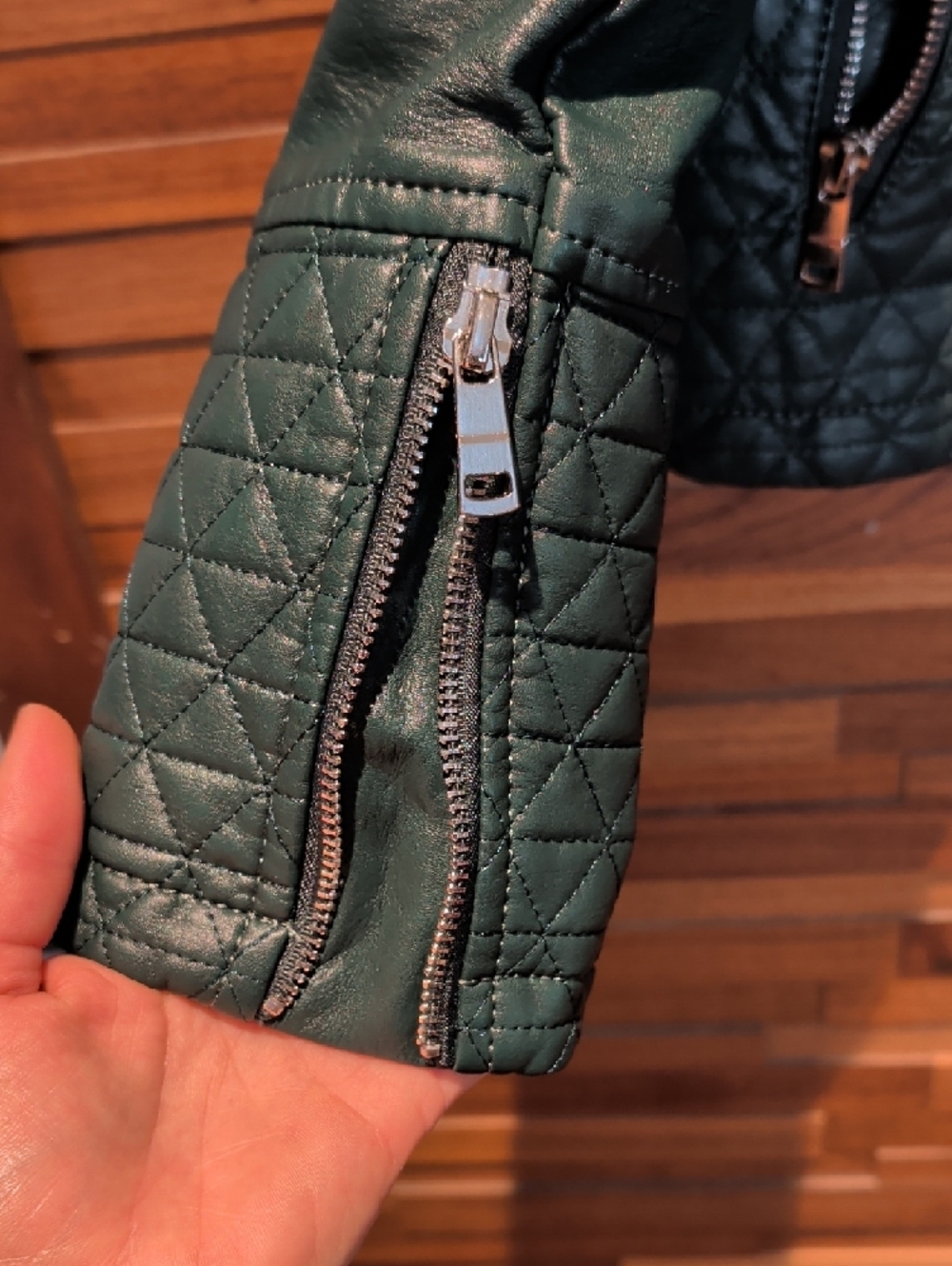 Quilted Faux Leather Moto Jacket in Forest Green - Picture 4 of 9